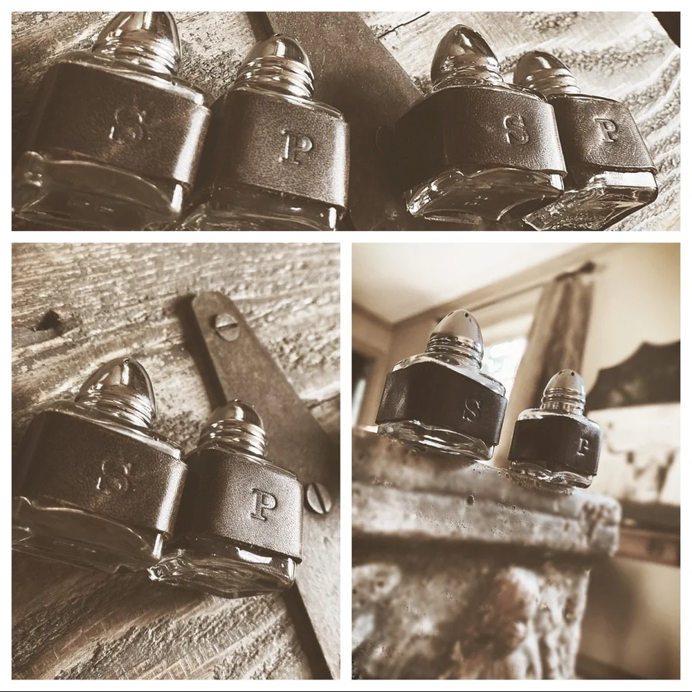 Mini Glass Salt & Pepper Shakers Set | Hand-Wrapped Rustic Italian Leather